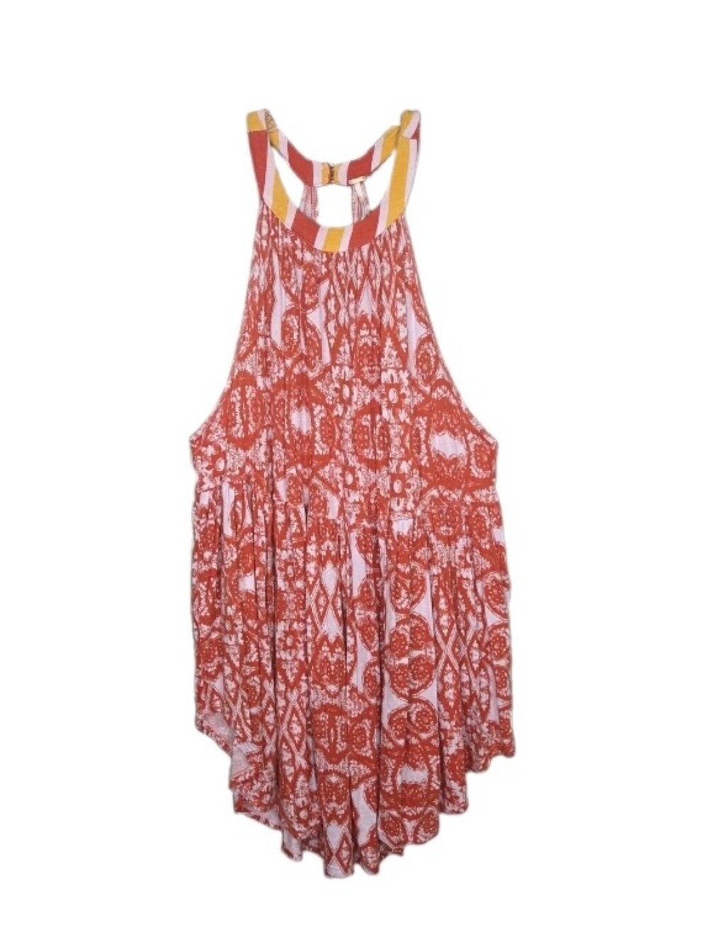 Free People Mimi Halter Tunic Top Size L Orange White Geometric Boho Chic